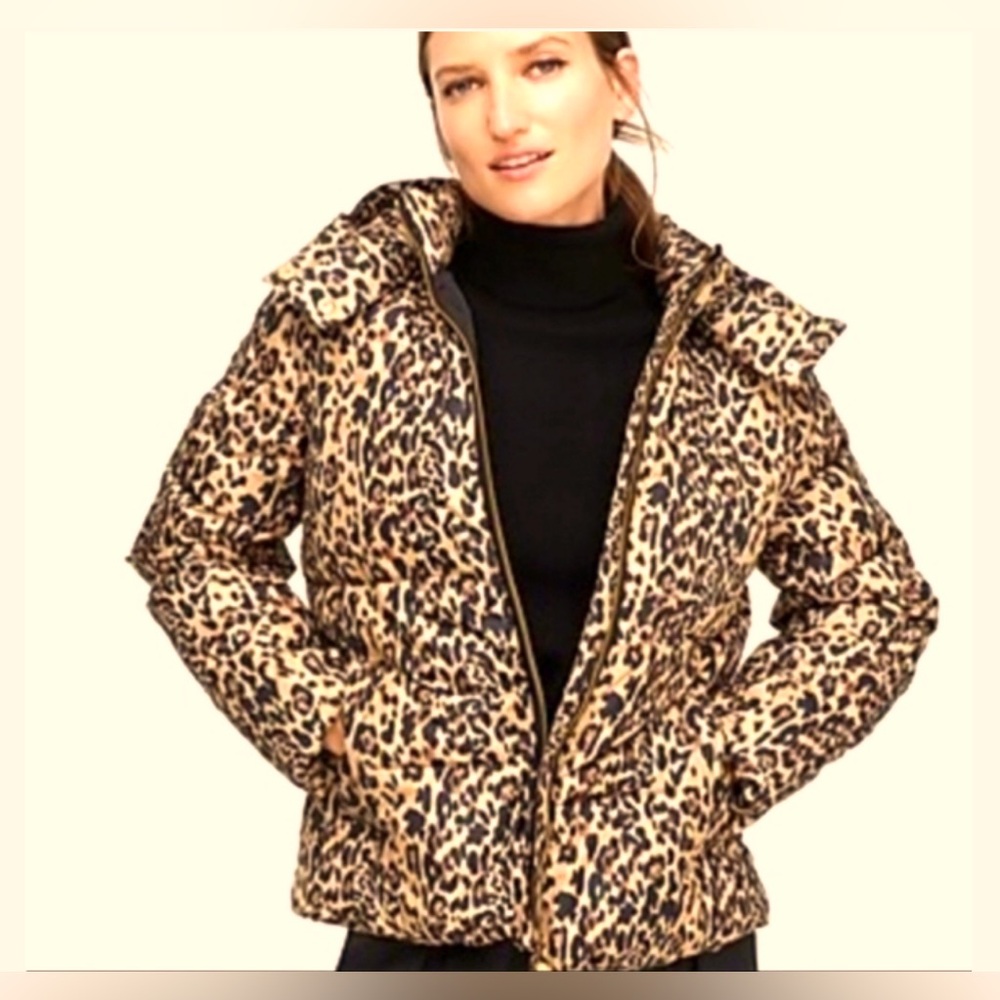 NWOT J Crew Leopard Print Puffer Quilted Coat
( MISSING HOOD )